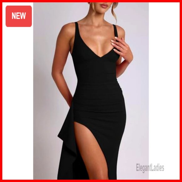 Sexy Plunge Neckline Bodycon Ruched Maxi Dress High Slit Party - Picture 4 of 6